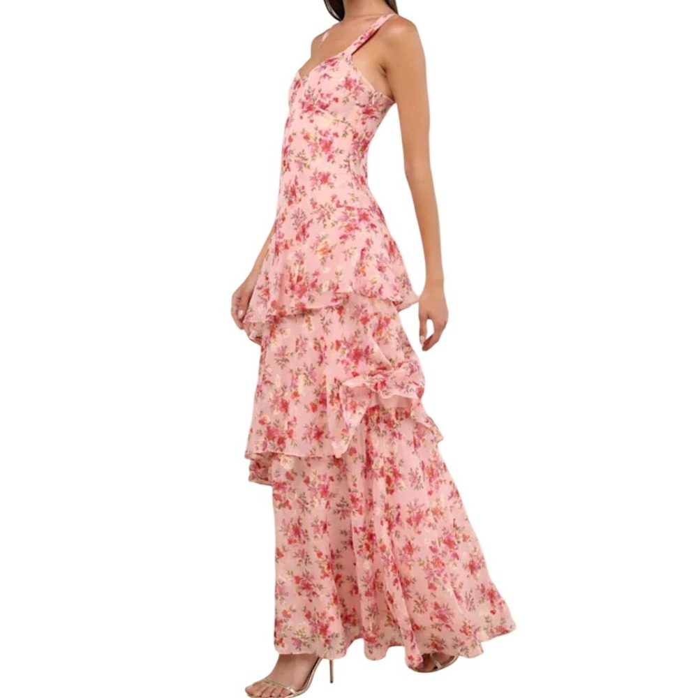 NWT Lulus Laurette Pink Floral Tiered Sleeveless Maxi Dress M Formal Ruffle Gold